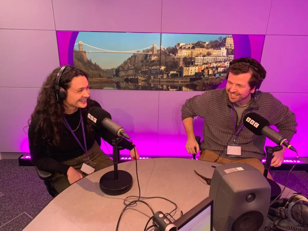 Two dry stone wallers from stroud in BBC studio tallking about dry stone walling